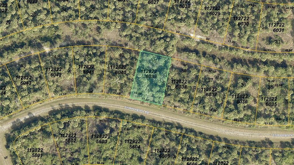 This is a map showing a highlighted parcel of land along a curved road — CRIMSONGLORY ROAD, NORTH PORT, FL