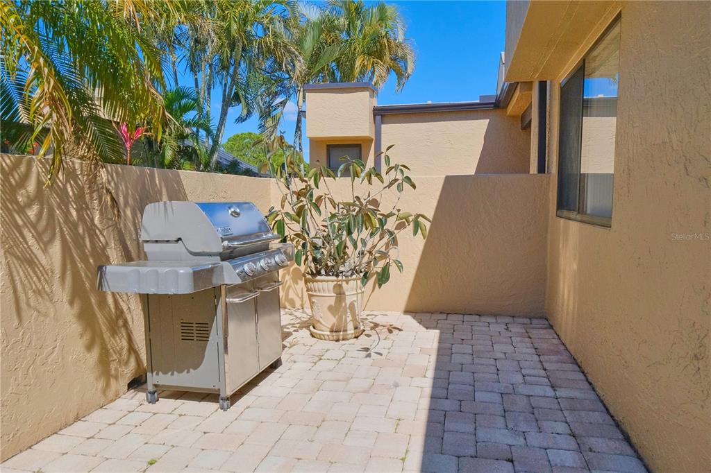 A paved outdoor patio features a stainless steel grill and a large potted plant — 5257 MYRTLE WAY UNIT 29, SARASOTA, FL