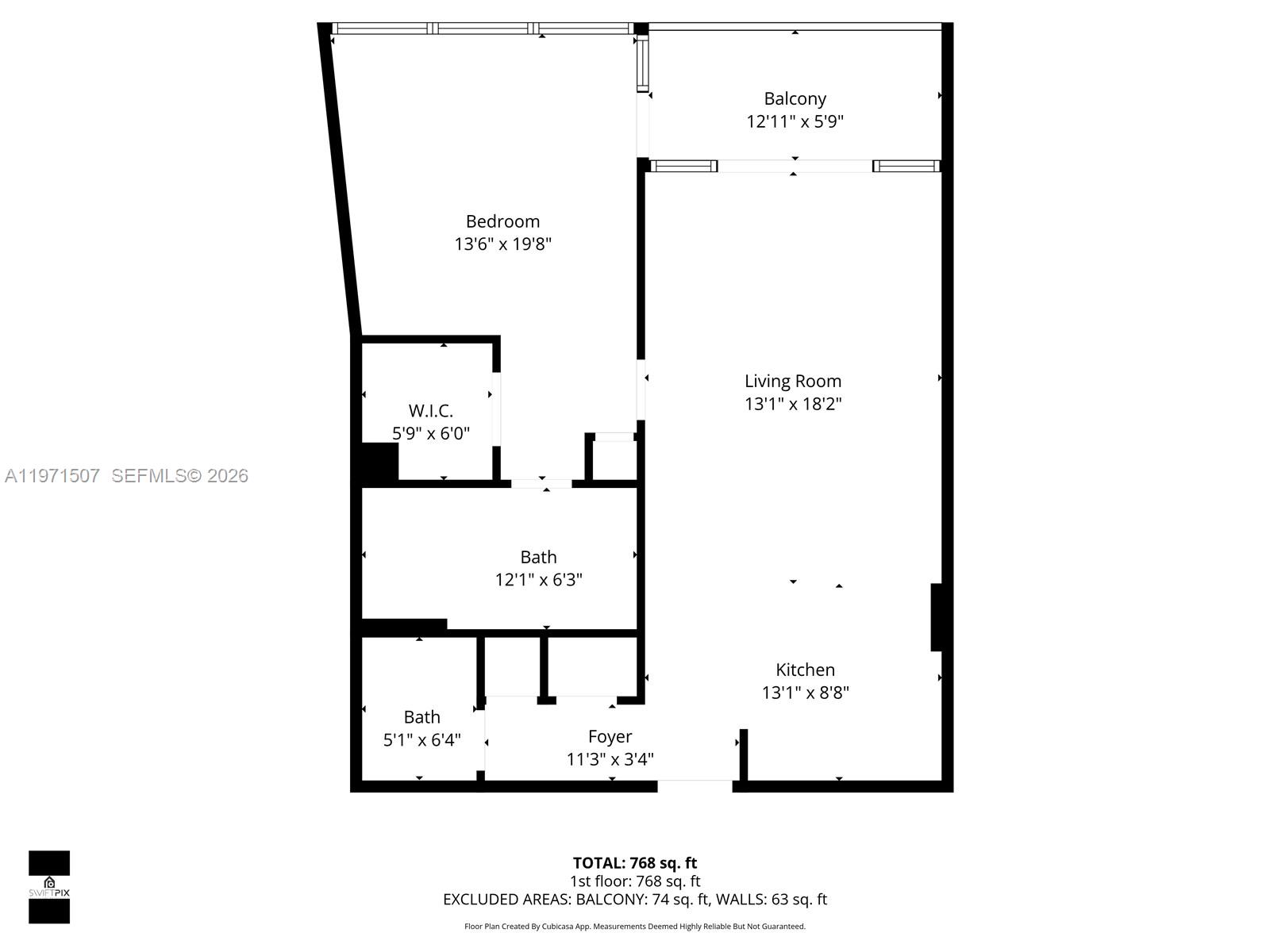 This is a floor plan for a one-bedroom apartment with a balcony and two bathrooms — 601 NE 36th St # 1908, Miami FL 33137, MIAMI, FL