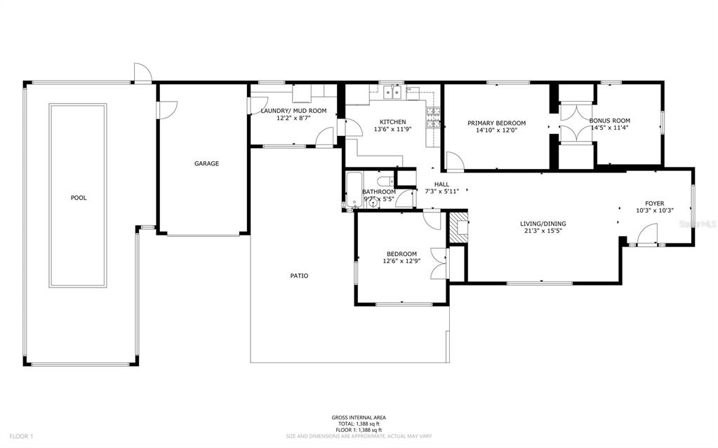 This is a floor plan for a single-story house featuring a pool, garage, and patio — 600 VASSAR STREET, ORLANDO, FL