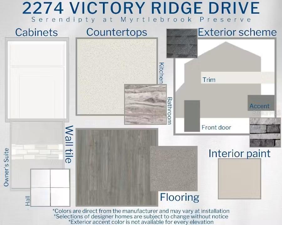 This design board displays material samples for cabinets, countertops, flooring, tile, and exterior paint colors — 2274 VICTORY RIDGE DRIVE, LAKELAND, FL