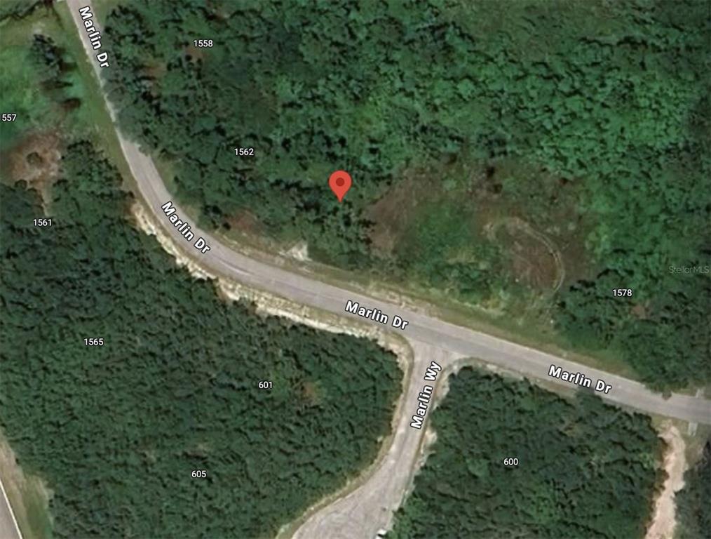 This is a satellite map view showing a wooded lot with a red location pin — 1566 MARLIN DRIVE, KISSIMMEE, FL