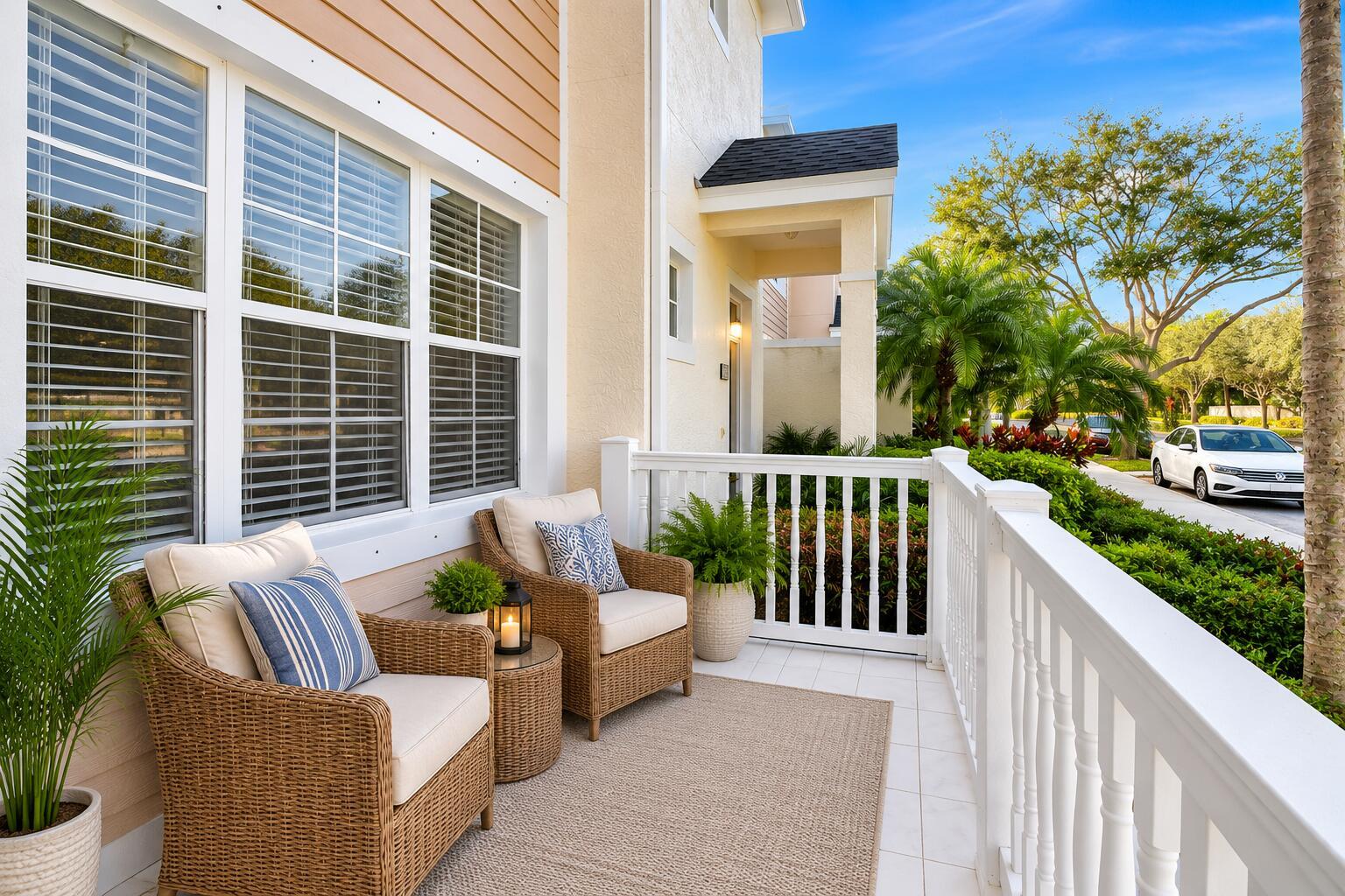 A covered porch with wicker chairs, a rug, and white railings overlooks a street — 826 Dakota Drive # 102, Jupiter FL 33458, JUPITER, FL