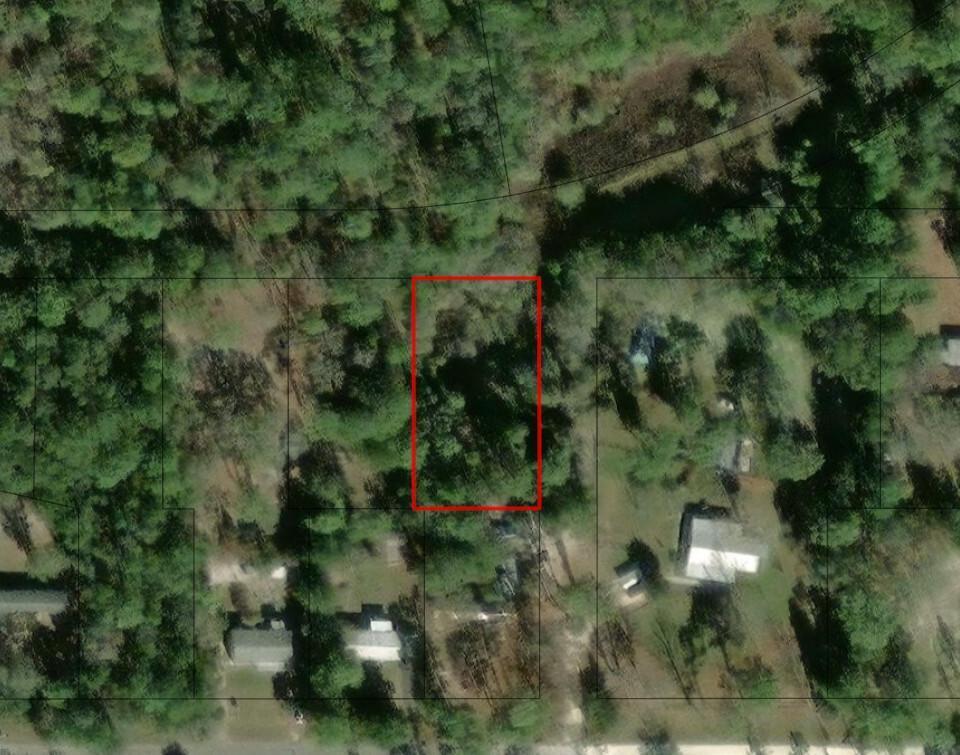 An aerial view shows a rectangular plot of land outlined in red amidst wooded surroundings — 7178 W Wildfire Lane, FL 34448, FL