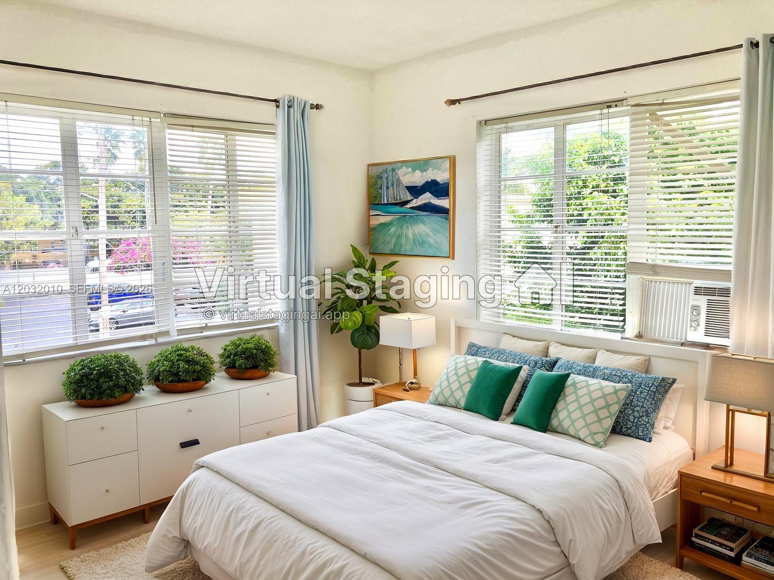 A virtually staged bedroom features a white bed, a dresser with plants, and two windows — 625 83rd St # 44, Miami Beach FL 33141, MIAMI BEACH, FL