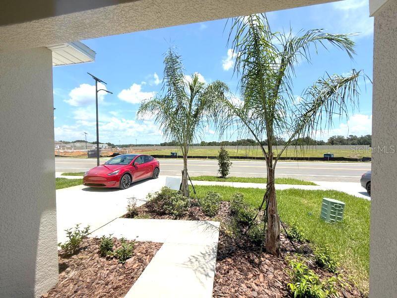 A view from a covered porch looking out at a red car and palm trees — 11913 NOBLE CHASE PATH, DADE CITY, FL