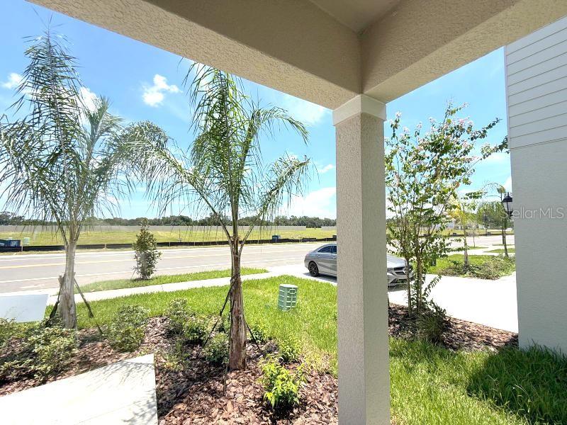 A view from a covered porch looking out toward a road, palm trees, and landscaping — 11913 NOBLE CHASE PATH, DADE CITY, FL