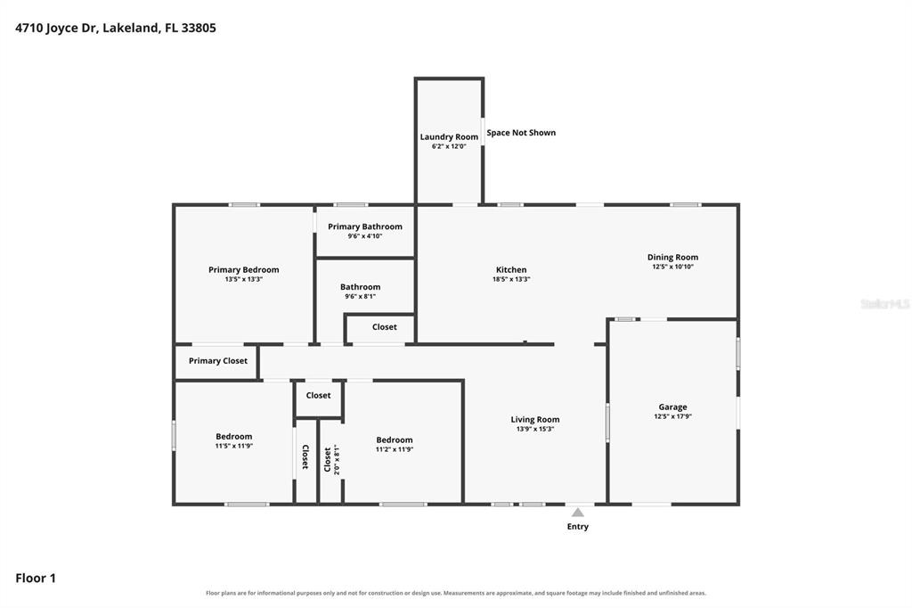 This is a floor plan for a single-story house featuring three bedrooms and a garage — 4710 JOYCE DRIVE, LAKELAND, FL