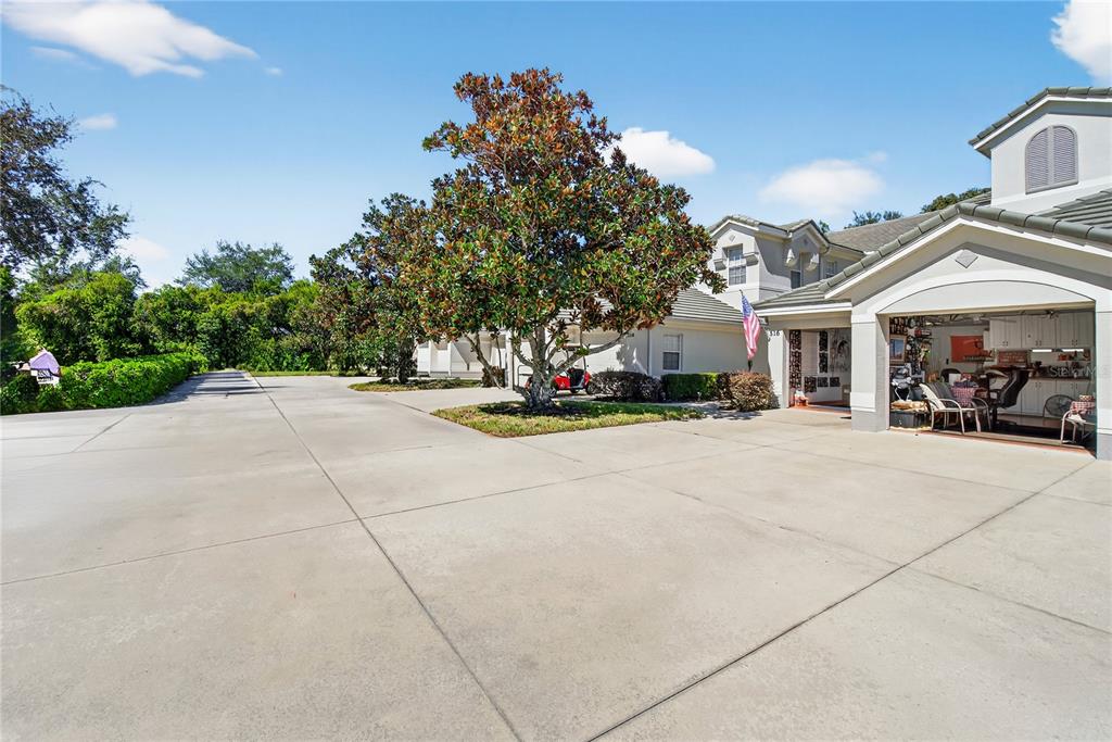A large concrete driveway leads to a house with an open garage and a tree — 516 GRASSLANDS VILLAGE CIRCLE, LAKELAND, FL