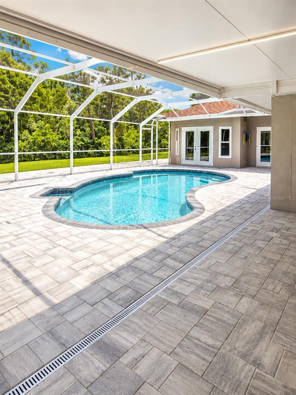 A screened-in patio features a kidney-shaped swimming pool and light-colored stone pavers — 2511 PRISCILLA COURT, LUTZ, FL