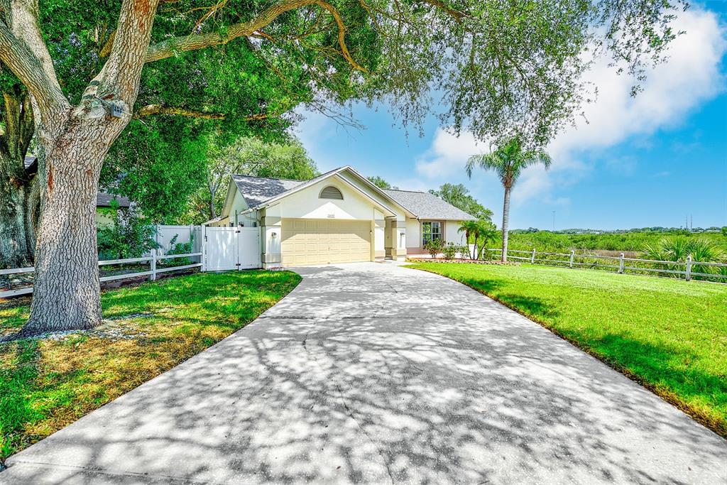 A single-story house with a beige garage and driveway sits under a large shade tree — 1400 CLUB DRIVE, TARPON SPRINGS, FL