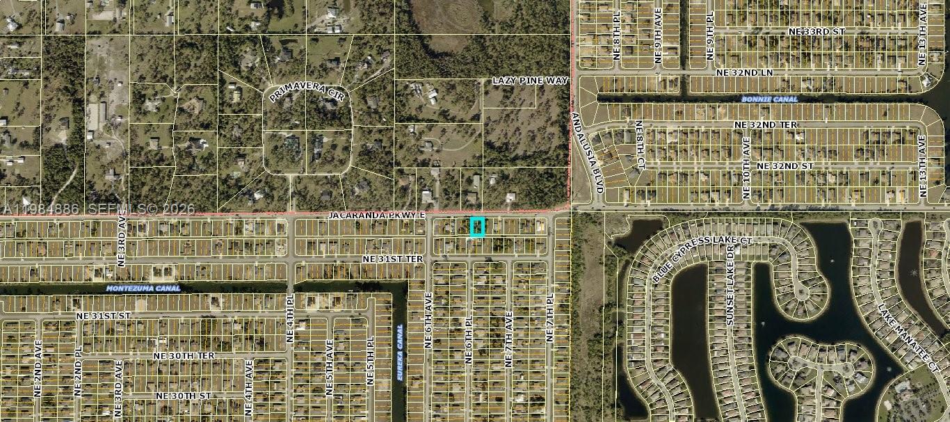 An aerial view shows a residential neighborhood with houses, a pool, and surrounding wooded areas — 614 Jacaranda Pkwy E, Cape Coral FL 33909, CAPE CORAL, FL