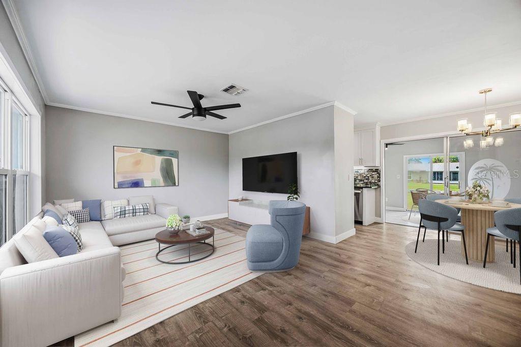 This is a digital rendering of an open-concept living and dining area with wood flooring — 19367 EDGEWATER DRIVE, PORT CHARLOTTE, FL