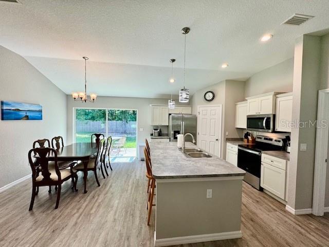 This kitchen features a large island, light-colored cabinetry, stainless steel appliances, and wood-look flooring — 5423 NW 52ND AVENUE, OCALA, FL