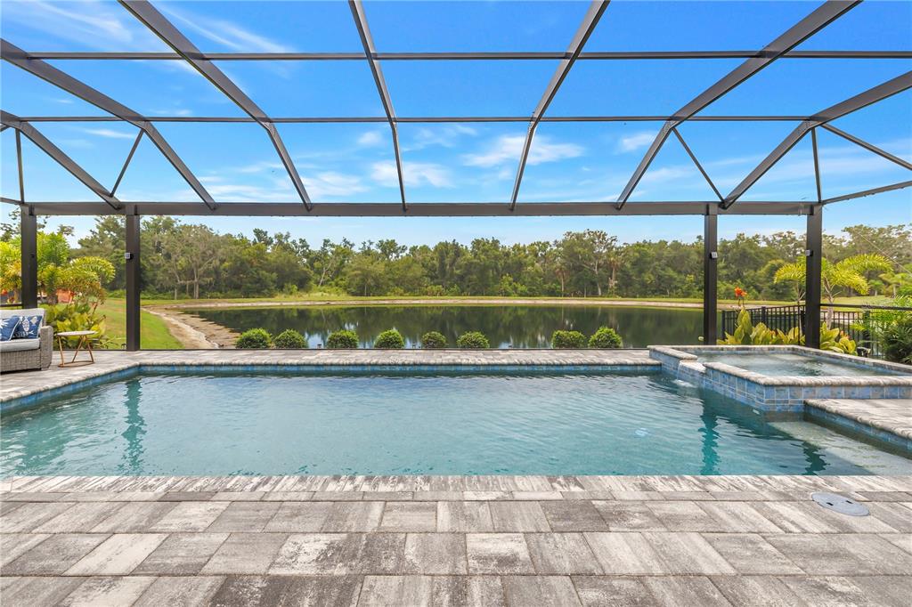 A screened-in swimming pool and spa overlook a pond and a line of trees — 9279 WARM SPRINGS CIRCLE, PARRISH, FL