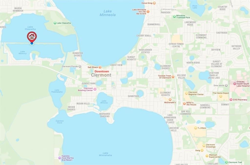 This is a map showing the location of a property near Lake Minneola in Clermont — 417 BLUE CYPRESS DRIVE, GROVELAND, FL