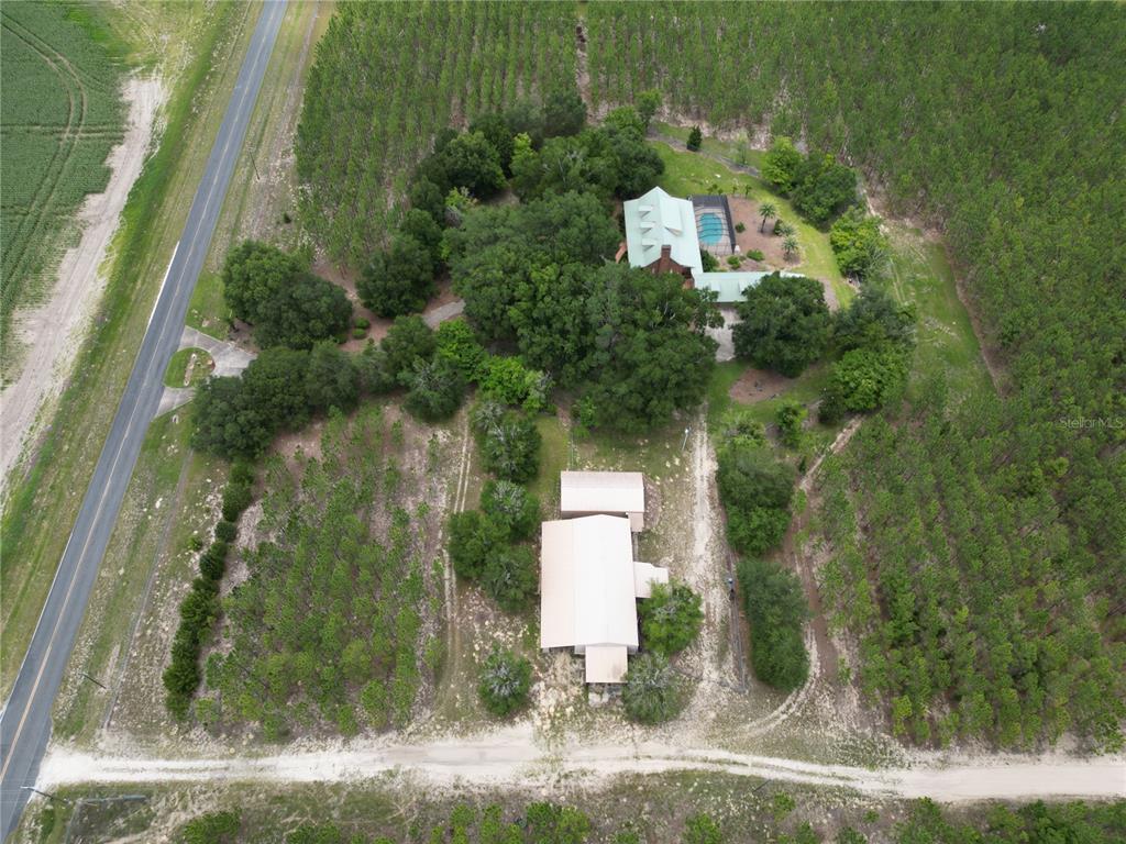 An aerial view shows a house with a pool and a detached building among trees — 272 NE COUNTY ROAD 337, TRENTON, FL