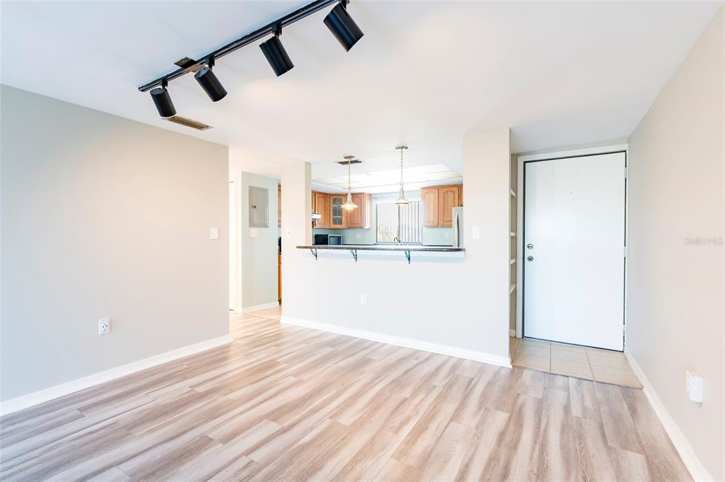A living room with light wood-look flooring, track lighting, and a breakfast bar to the kitchen — 735 S VILLAGE DRIVE N UNIT 206, ST PETERSBURG, FL