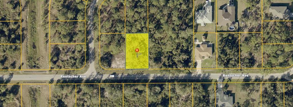 This aerial map shows a highlighted rectangular vacant lot located along a paved road — Lot 16 RENTSCHER AVENUE, NORTH PORT, FL
