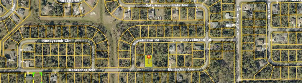 This is an aerial map view of a residential neighborhood showing a highlighted vacant lot — Lot 16 RENTSCHER AVENUE, NORTH PORT, FL