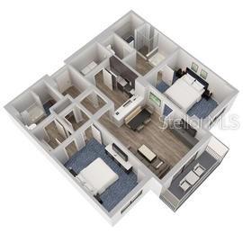 This is a 3D floor plan rendering of a two-bedroom apartment with a balcony — 14501 GROVE RESORT AVENUE UNIT 1318, WINTER GARDEN, FL