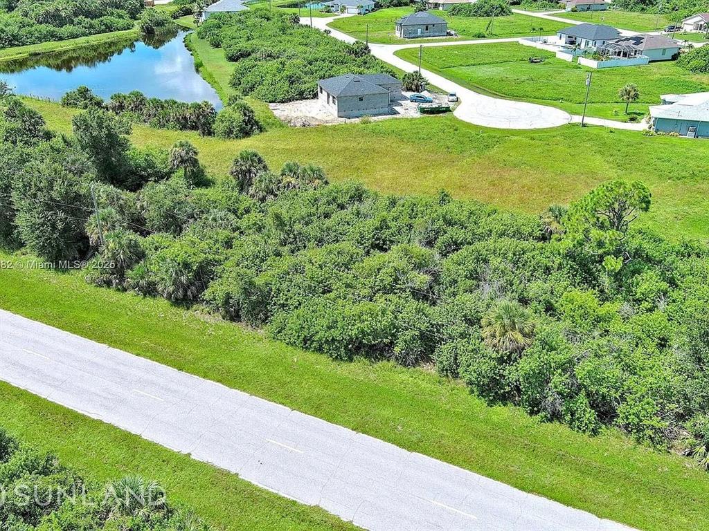 An aerial view shows a paved road bordering a large, undeveloped lot with dense vegetation — 316 SUNSET ROAD, ROTONDA WEST, FL