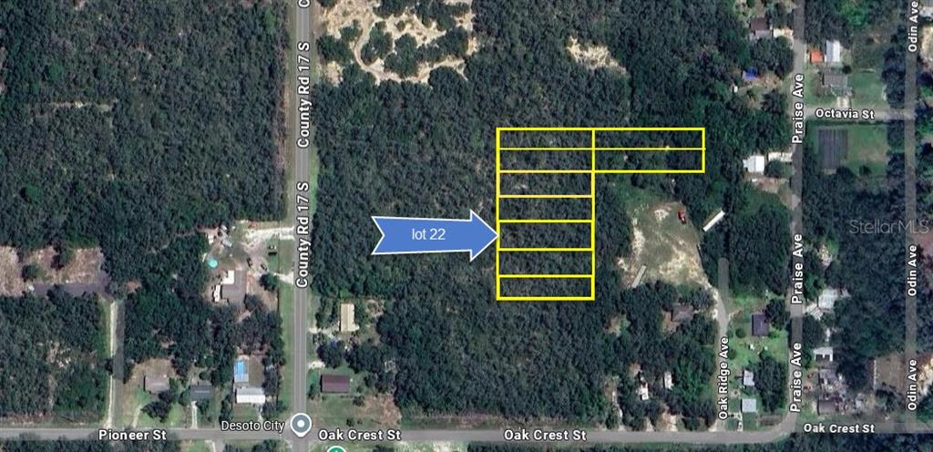 This aerial map shows a highlighted rectangular parcel of land located near several residential streets — 6101 OAK RIDGE AVENUE LOT 22, SEBRING, FL
