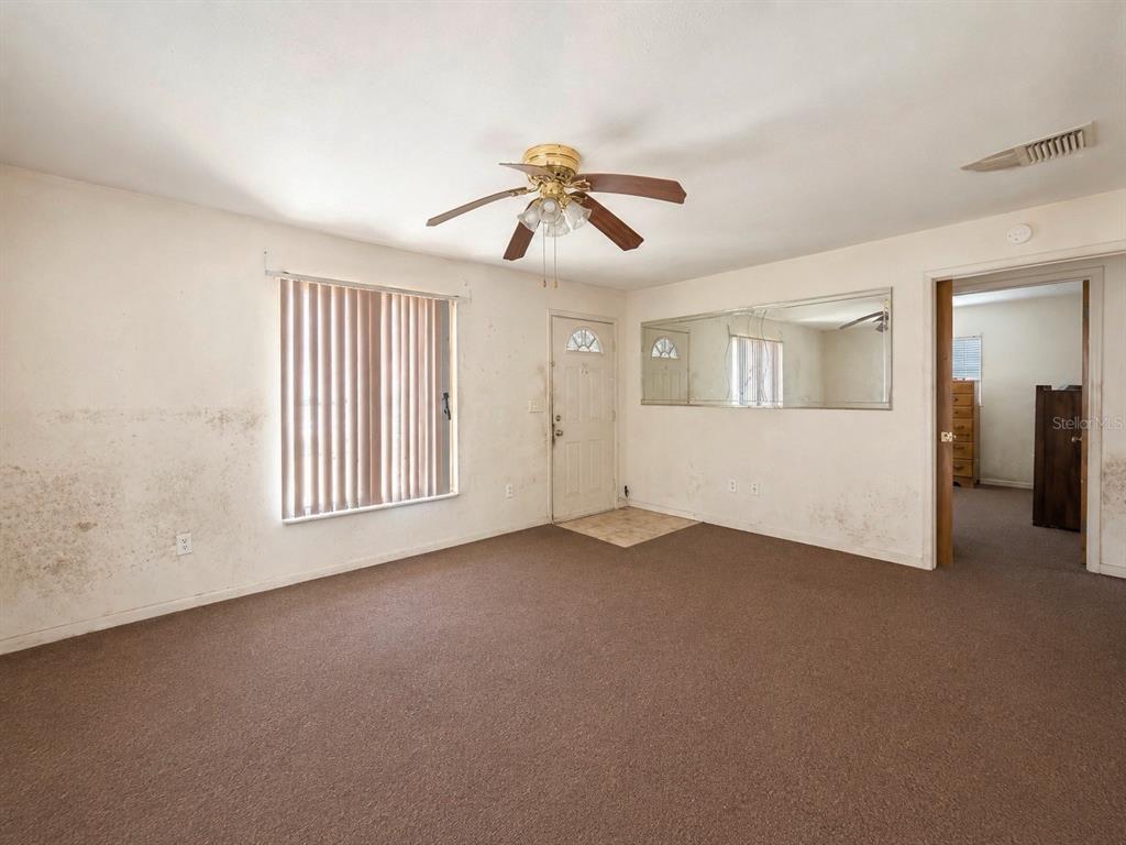 A living room with brown carpet, a ceiling fan, a large mirror, and stained walls — 1918 E HANNA AVENUE, TAMPA, FL