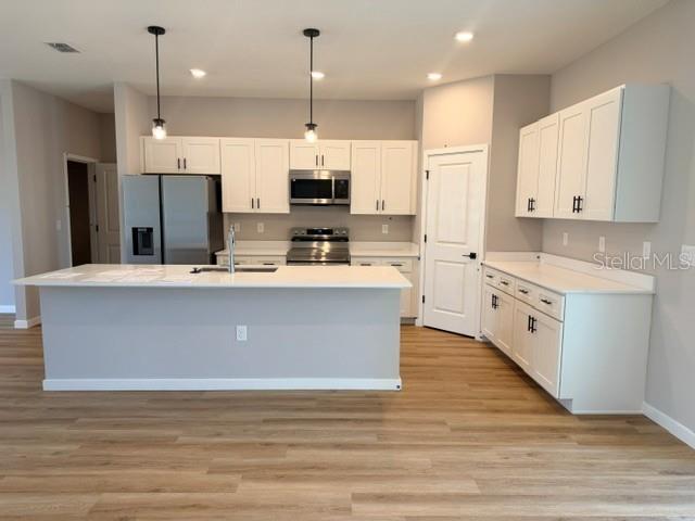 A modern kitchen features white cabinetry, a large island, stainless steel appliances, and wood flooring — 5792 SW 117TH LANE ROAD, OCALA, FL