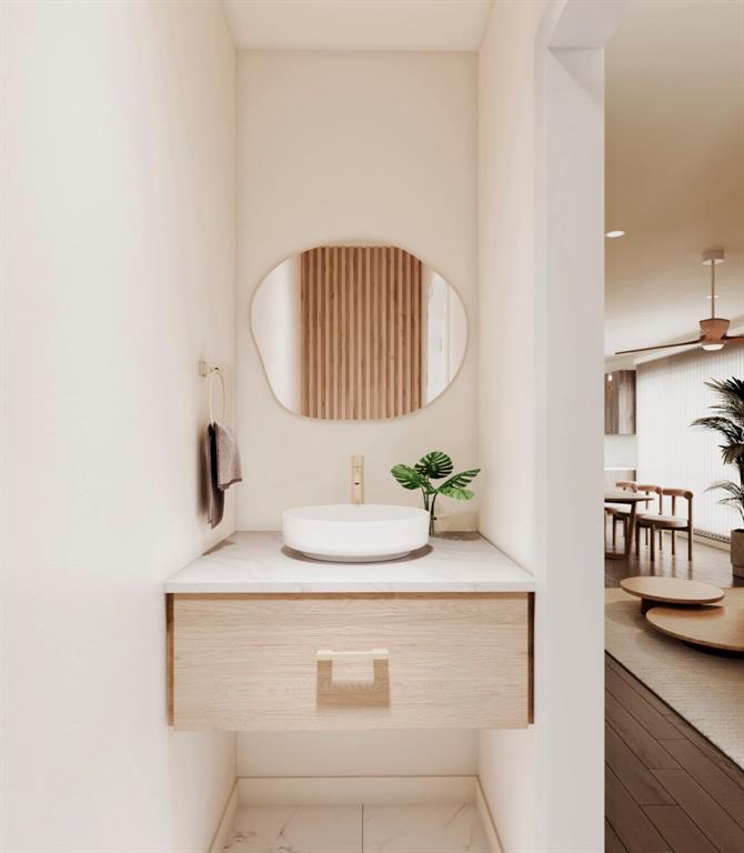 This rendering shows a modern powder room with a floating wood vanity and marble countertop — 2168 9TH AVENUE N UNIT 5, ST PETERSBURG, FL