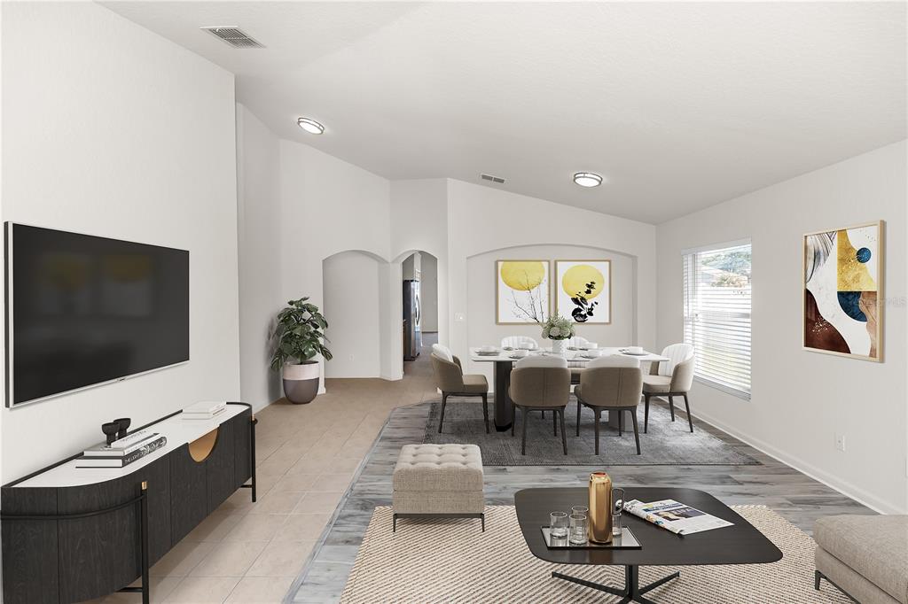 This is a digital rendering of an open-concept living and dining area with neutral decor — 2989 WHITE CEDAR CIRCLE, KISSIMMEE, FL