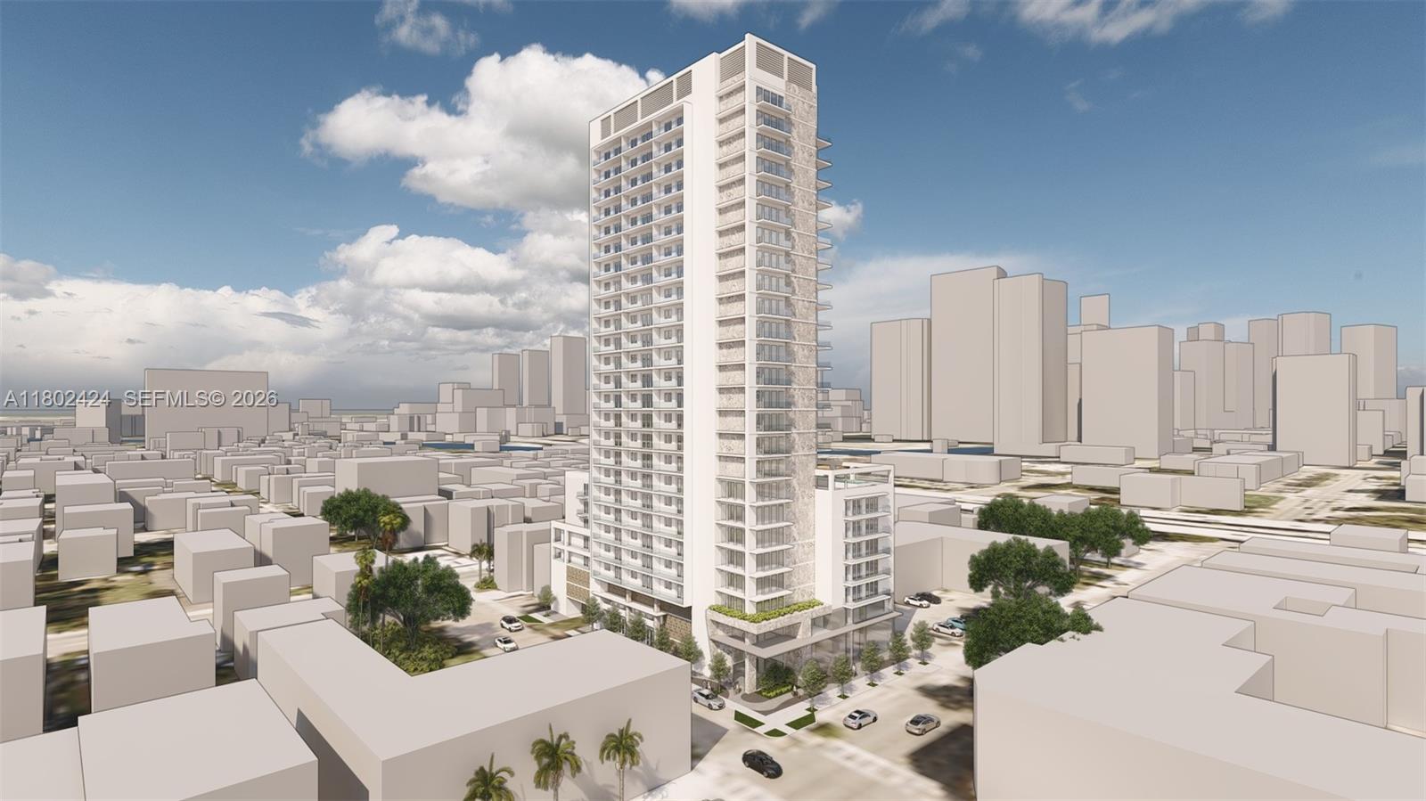This is a rendering of a modern high-rise apartment building in a city — 471 & 719 SW 8th St & 5th Av, Miami FL 33130, MIAMI, FL