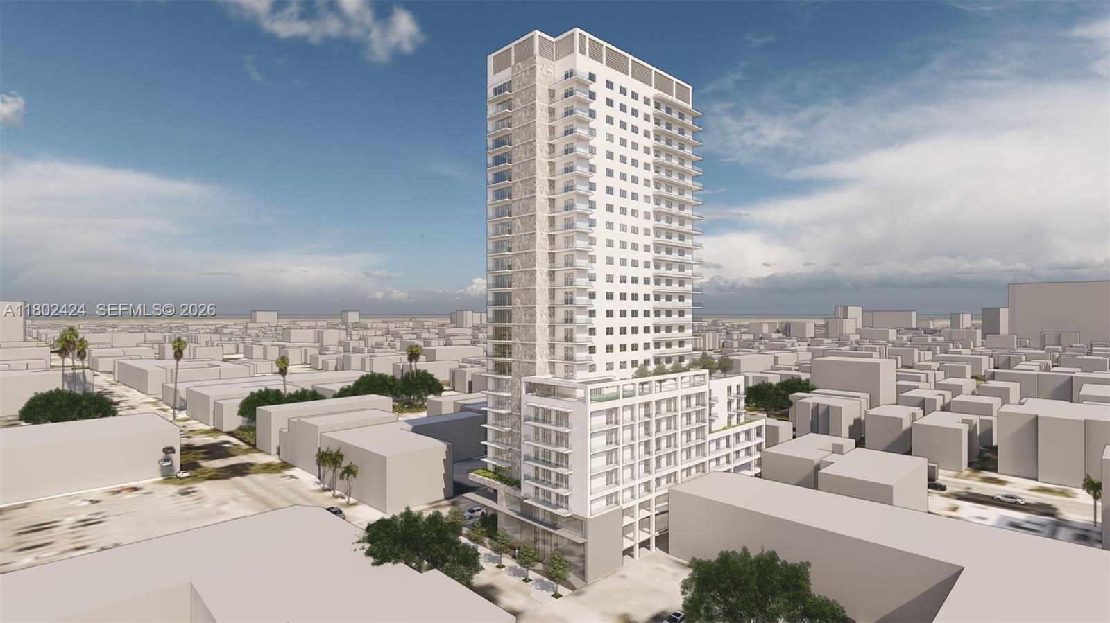 This is a digital architectural rendering of a modern high-rise building in a city — 471 & 719 SW 8th St & 5th Av, Miami FL 33130, MIAMI, FL