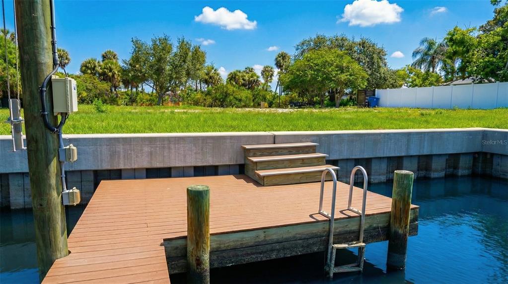 A wooden dock with stairs and a ladder sits in front of a grassy lot — 3904 DANA SHORES DRIVE, TAMPA, FL