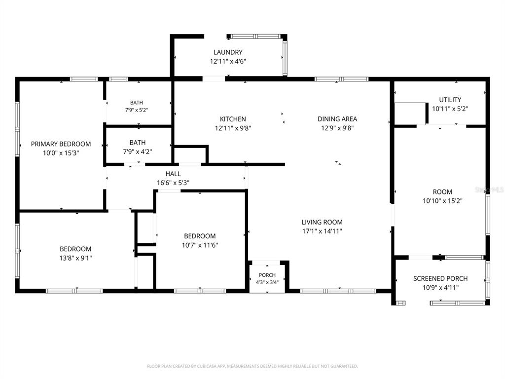 This is a floor plan showing the layout of a house with three bedrooms and two bathrooms — 1038 NE 14TH AVENUE, GAINESVILLE, FL