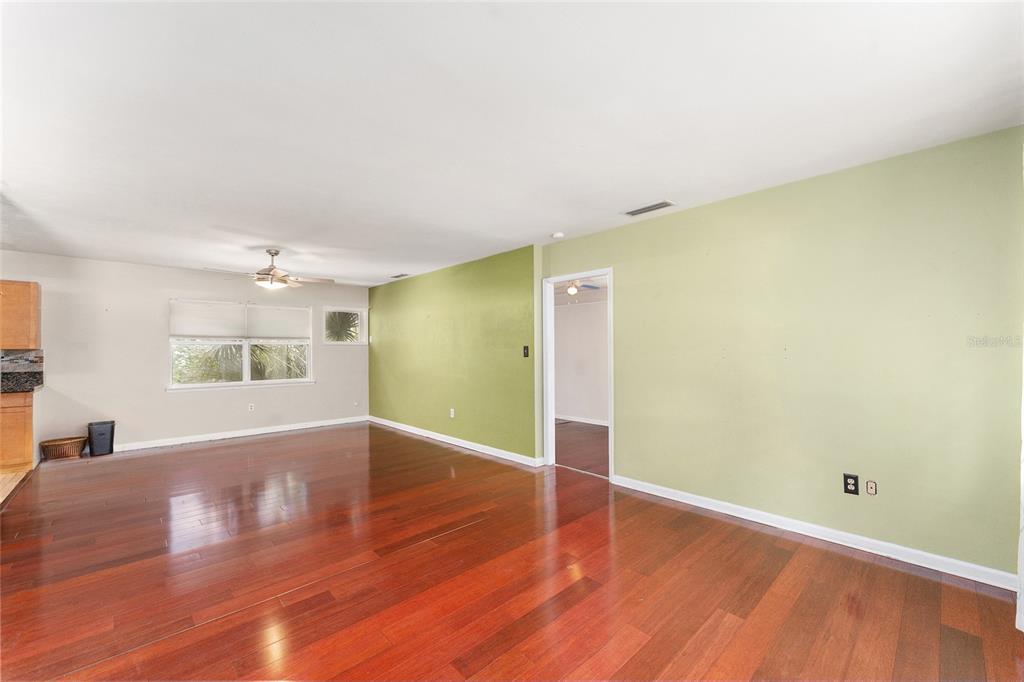 An open living room features hardwood floors, a large olive-green accent wall, and a ceiling fan — 1038 NE 14TH AVENUE, GAINESVILLE, FL