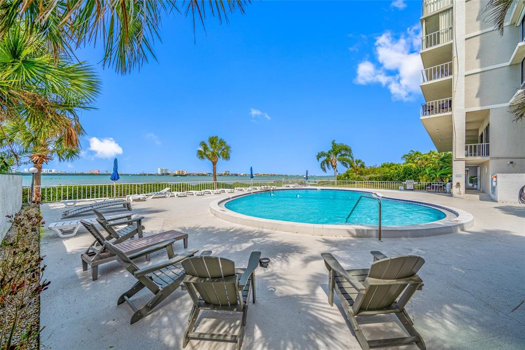 A swimming pool on a concrete deck with lounge chairs overlooking a bay and buildings — 500 N OSCEOLA AVENUE UNIT 810, CLEARWATER, FL