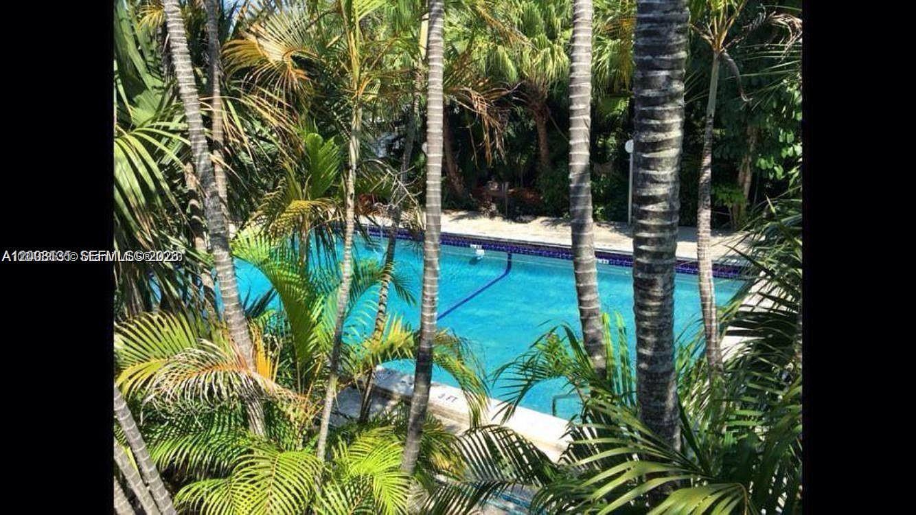 A swimming pool is surrounded by lush palm trees and tropical vegetation — 645 NE 77th St # 16, Miami FL 33138, MIAMI, FL