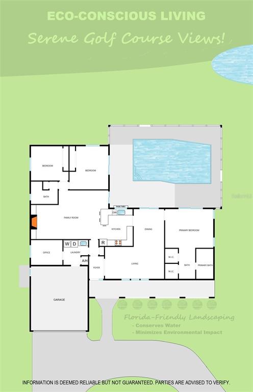 This floor plan shows a single-story house with a garage, pool, and multiple bedrooms — 4725 GREENCROFT ROAD, SARASOTA, FL