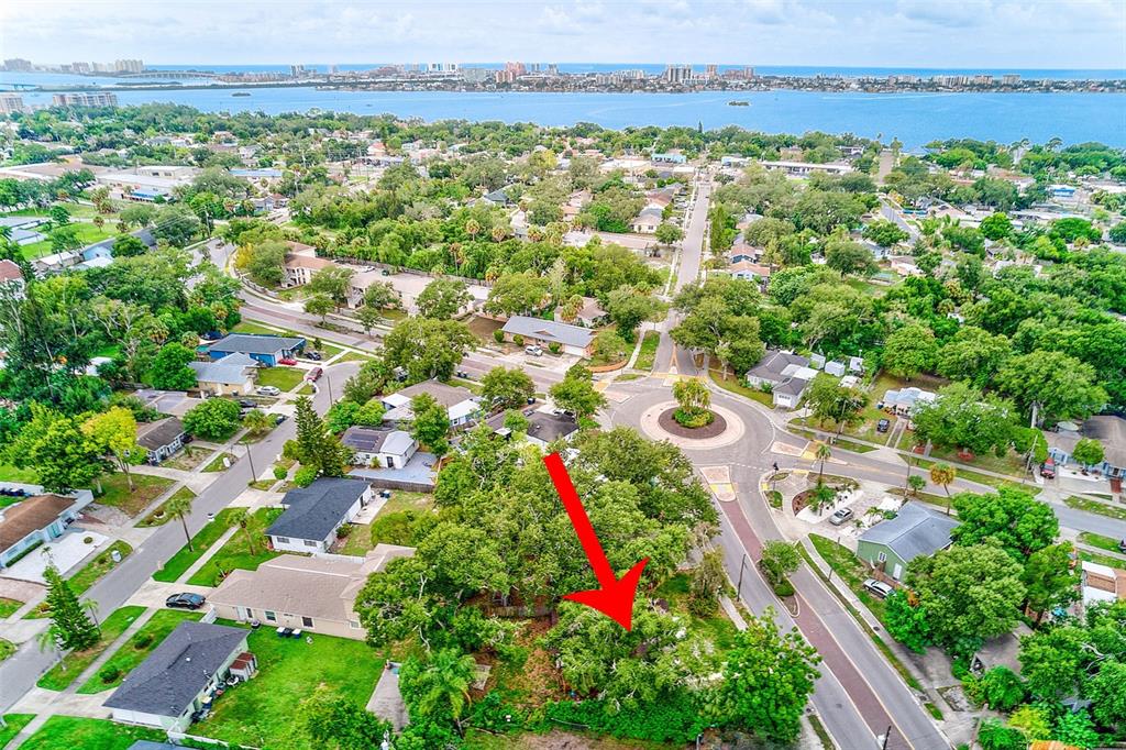 An aerial view shows a residential neighborhood with a red arrow pointing to a wooded lot — 1011 FAIRMONT STREET, CLEARWATER, FL