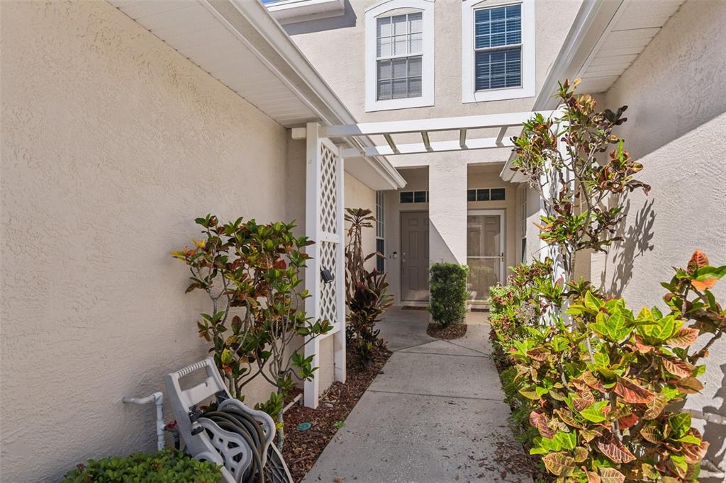 A concrete walkway leads to a front entrance framed by a white wooden trellis — 3661 COUNTRY POINTE PLACE, PALM HARBOR, FL