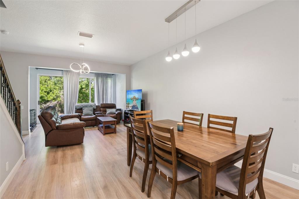 A dining area with a wooden table and chairs sits in front of a living room — 3661 COUNTRY POINTE PLACE, PALM HARBOR, FL