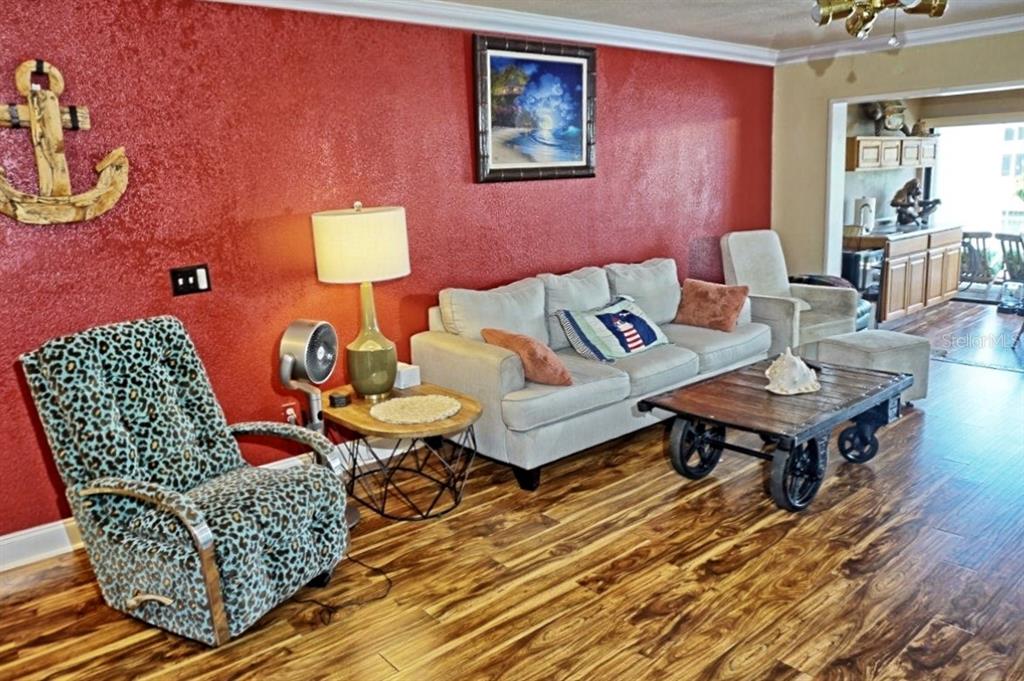 A living room features a red accent wall, a leopard-print chair, and wood-look flooring — 1873 MAZO MANOR UNIT 5, LUTZ, FL