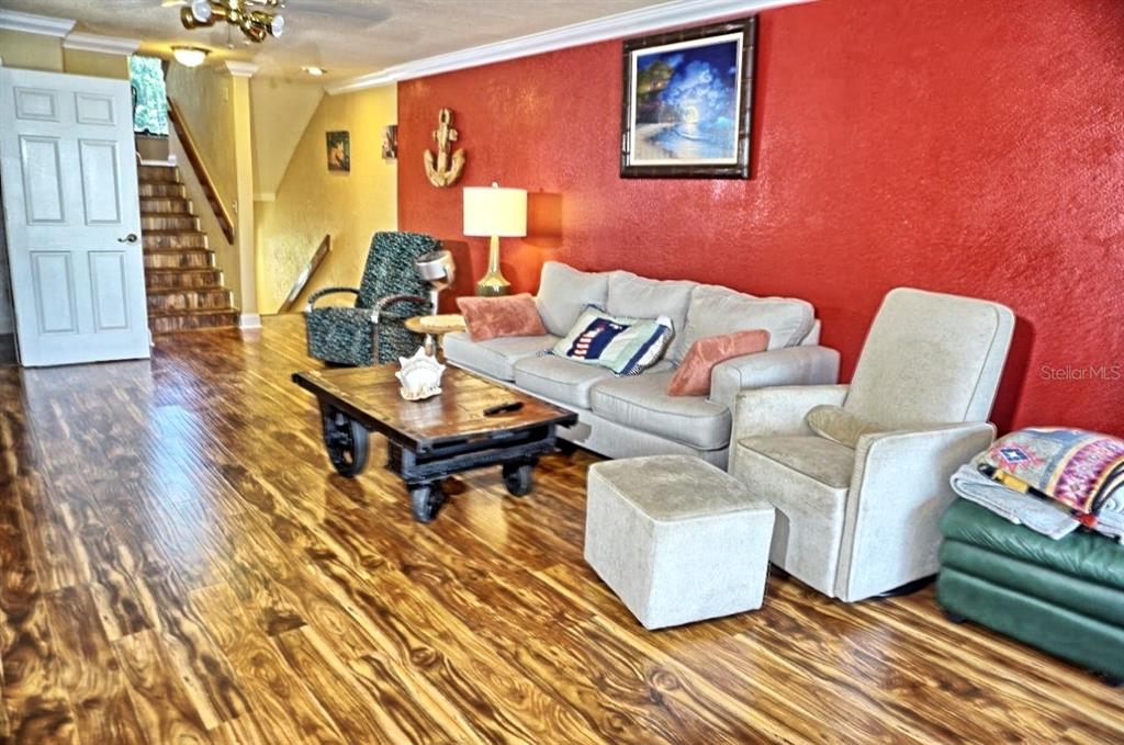 A living room features wood-look flooring, a red accent wall, and a light-colored sofa — 1873 MAZO MANOR UNIT 5, LUTZ, FL