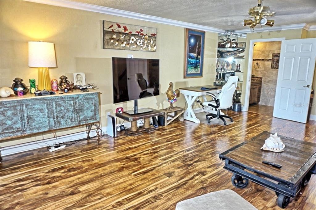 A living room features wood-look flooring, a television on a stand, and a desk area — 1873 MAZO MANOR UNIT 5, LUTZ, FL