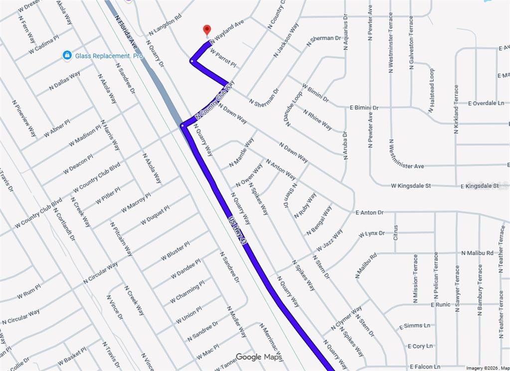 This is a map showing a highlighted driving route along US Hwy 41 — 9454 N WAYLAND AVENUE, CITRUS SPRINGS, FL