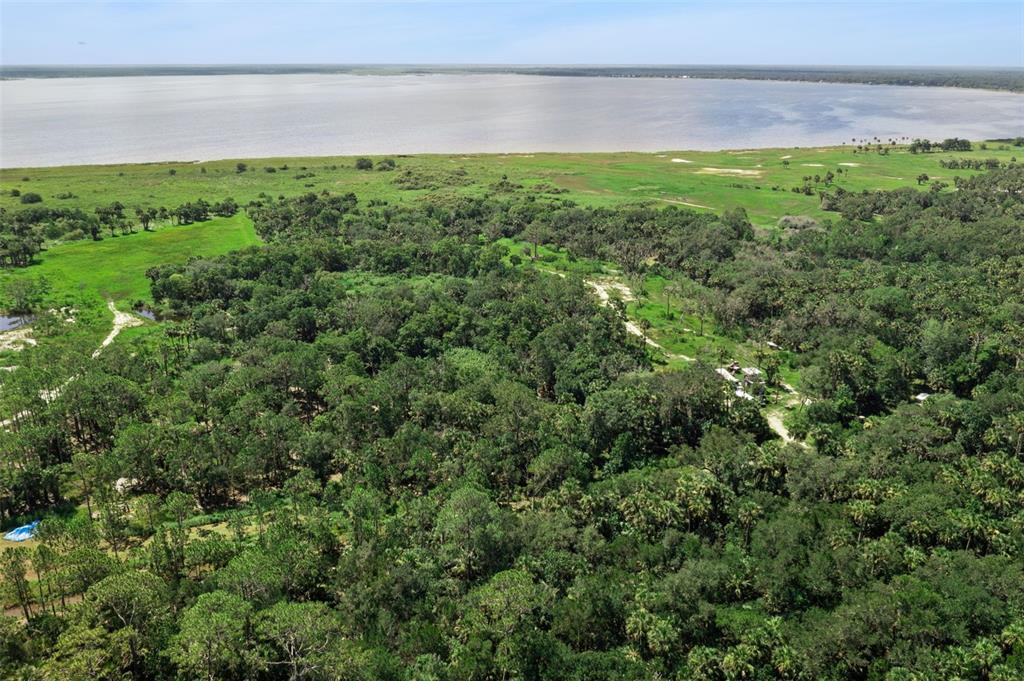 An aerial view shows a dense forest bordering a large lake with sandy shoreline areas — CANVASBACK TRAIL, GENEVA, FL