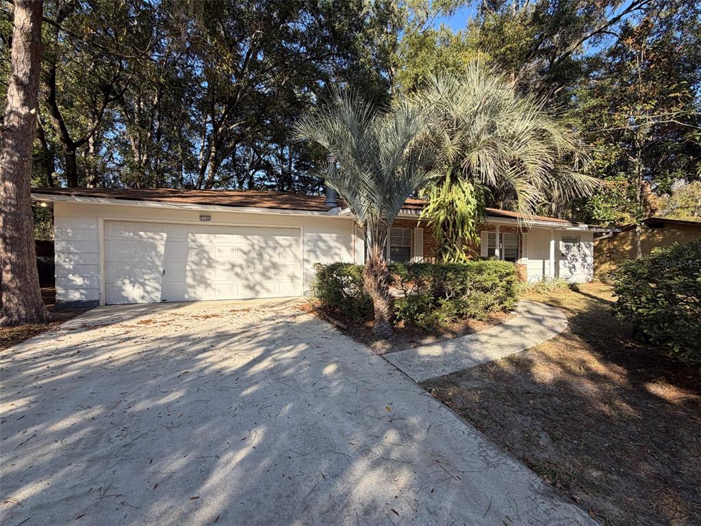 A single-story house with a white garage, a concrete driveway, and a large palm tree — 3146 NW 46TH AVENUE, GAINESVILLE, FL
