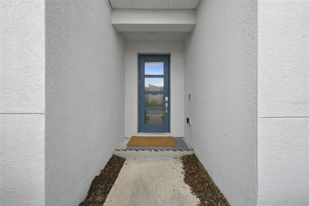 A blue front door with four glass panels is centered in a white stucco entryway — 4189 PARAGRAPH DRIVE, KISSIMMEE, FL