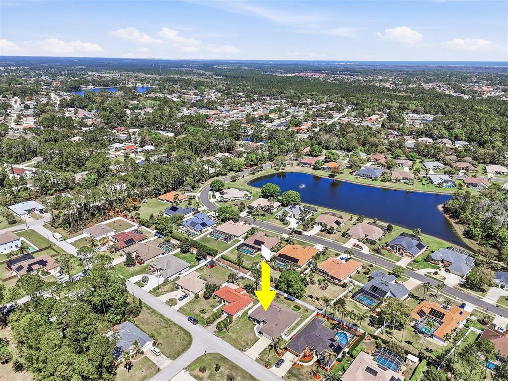 An aerial view shows a residential neighborhood with a house highlighted by a yellow arrow — 80 BURNING BUSH DRIVE, PALM COAST, FL